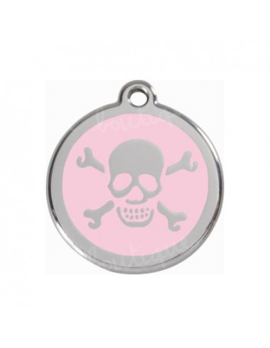 Médaille pour chat Red Dingo tête de mort sur fond rose 2cm