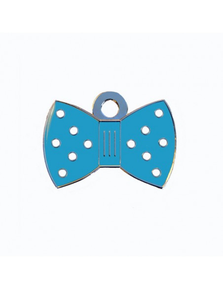 Médaille chat en forme de nœud papillon bleu à pois blancs