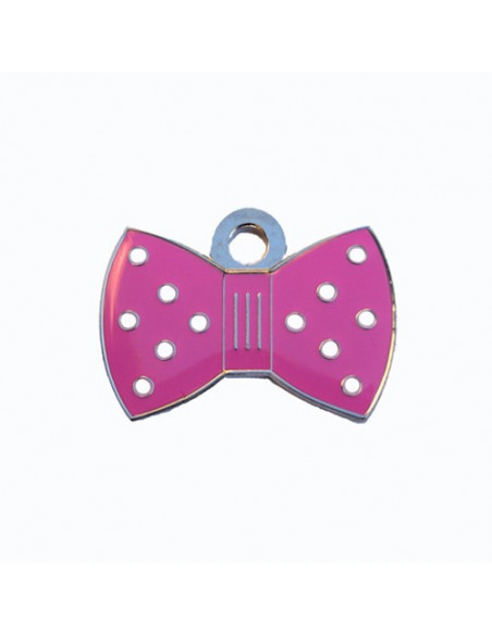 Médaille chat en forme de nœud papillon rose à pois blancs