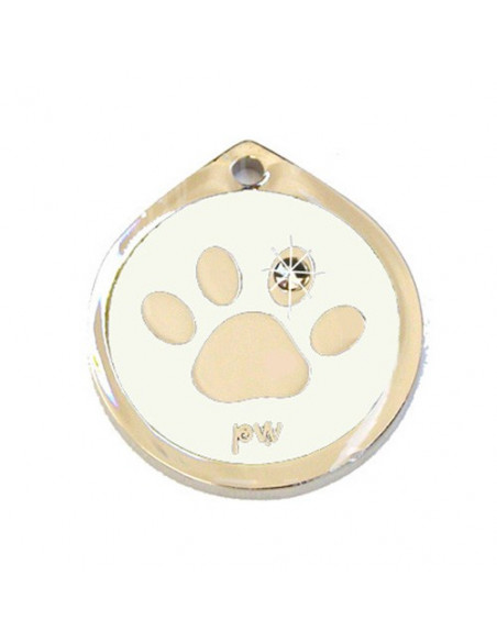 Médaille blanche avec patte de chien et strass 2,5cm