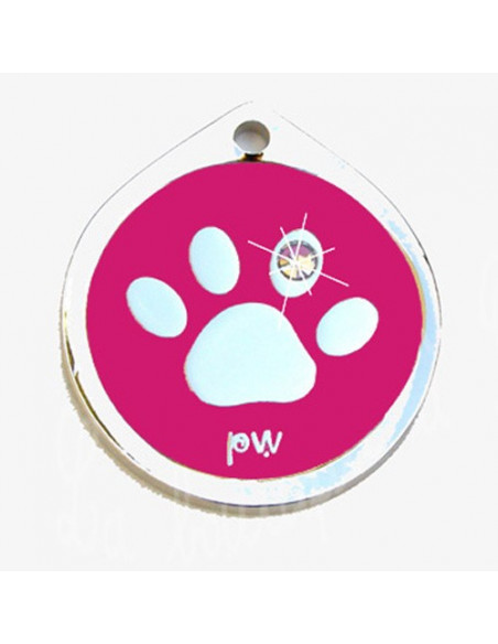 Médaille rose vif avec patte de chien et strass 3cm