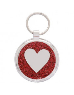 Médaille gravée rouge avec cœur style paillettes pour chien