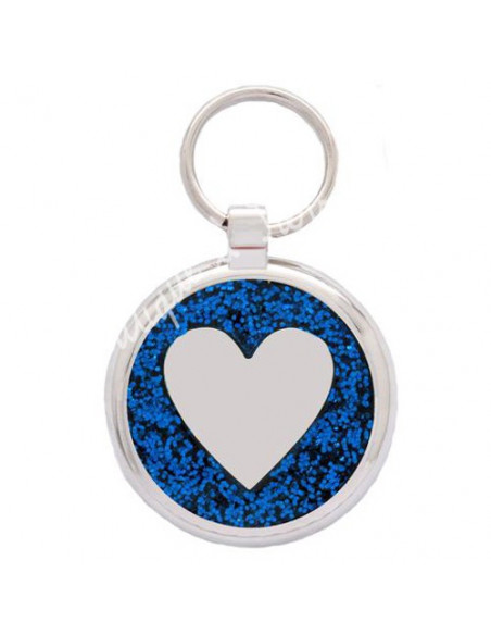 Médaille chien forme ronde Coeur bleu et paillettes