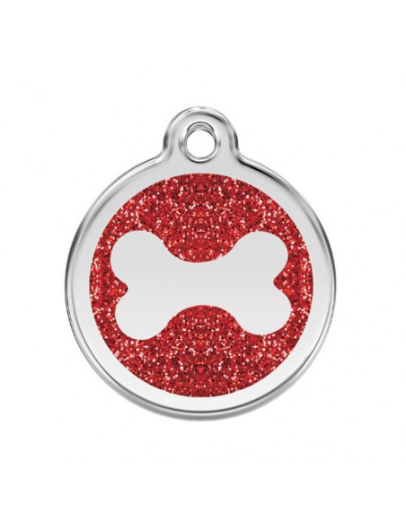 Médaille rouge avec os à paillettes pour chien
