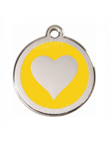 Médaille chien avec cœur sur fond jaune diametre 20mm
