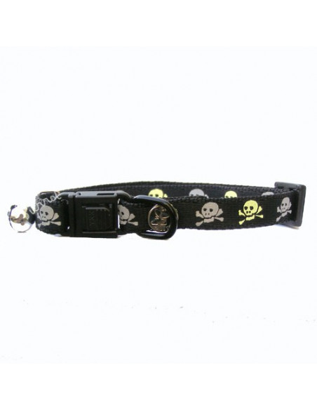 Collier pour chat avec motifs réfléchissants tête de mort Noire + sécurité anti-étranglement