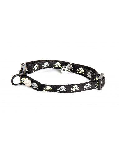 Collier pour chat avec motifs réfléchissants tête de mort Noire + sécurité anti-étranglement
