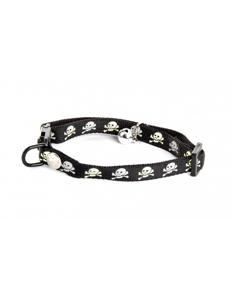 Collier pour chat avec motifs réfléchissants tête de mort Noire + sécurité anti-étranglement